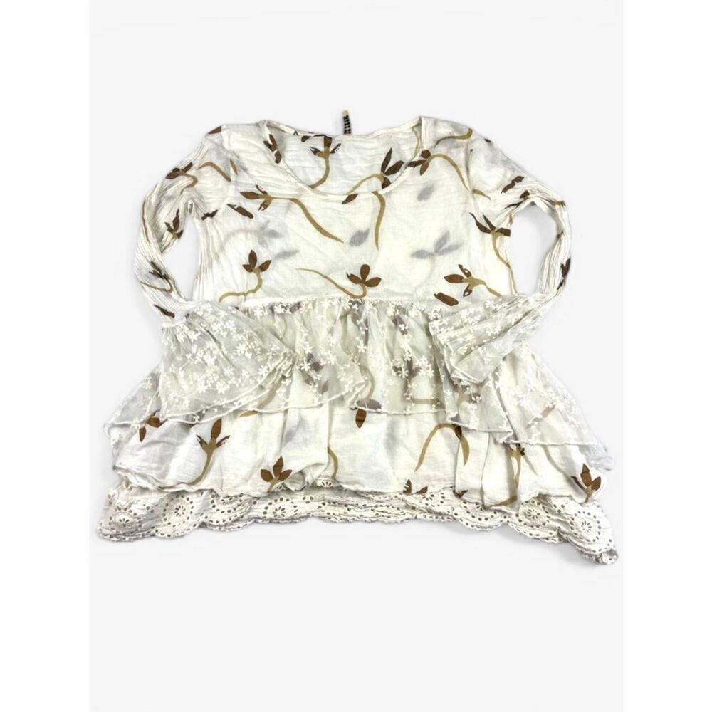 Marilu Boho Peasant Blouse Embroidered Lace Trim Floral Top S/M Shabby Chic FLAW